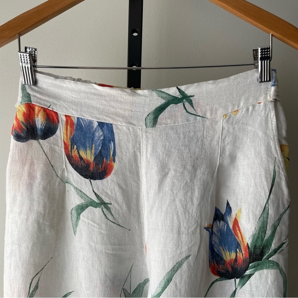 Linen Wide Leg Floral Trouser Pants High Rise White Italian Italy Size Large XL - Picture 5 of 5